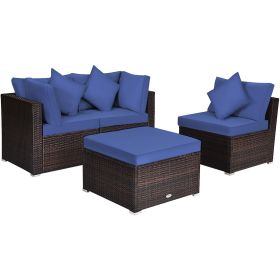 4 Pieces Patio Rattan Furniture Set with Removable Cushions and Pillows (Color: Navy)