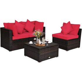 4 Pieces Patio Rattan Furniture Set with Removable Cushions and Pillows (Color: Red)