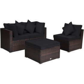 4 Pieces Patio Rattan Furniture Set with Removable Cushions and Pillows (Color: Black)